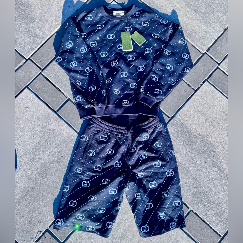 Gucci Jeweled GG Navy Crystal Crewneck Sweatshirt & Shorts Set